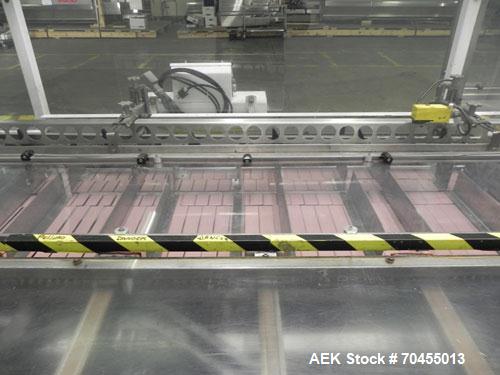 Used Adco Model 15DBC105-EC Automatic Horizontal Cartoner. Capable of speeds from 50 to 125 cartons per minute. Has two head rotary carton feed with 4' long magazine. Machine is set on 12" centers fo...