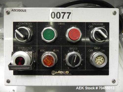Used Adco Model 15DBC105-EC Automatic Horizontal Cartoner. Capable of speeds from 50 to 125 cartons per minute. Has two head rotary carton feed with 4' long magazine. Machine is set on 12" centers fo...
