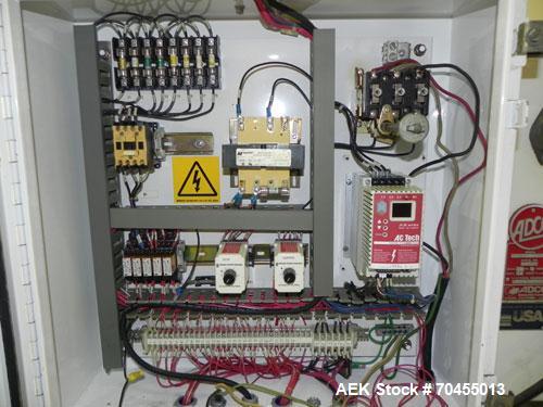 Used Adco Model 15DBC105-EC Automatic Horizontal Cartoner. Capable of speeds from 50 to 125 cartons per minute. Has two head rotary carton feed with 4' long magazine. Machine is set on 12" centers fo...