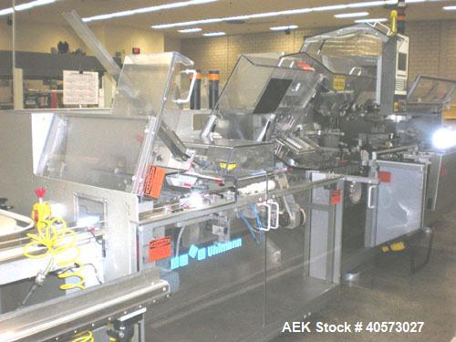 Used: Uhlmann C2205 automatic horizontal cartoner capable of speeds up to 300 CPM. Has worm screw bottle feeder, prefolded and sheet fed leaflet feeders, emboss date coders. Unit is on 5" centers for...