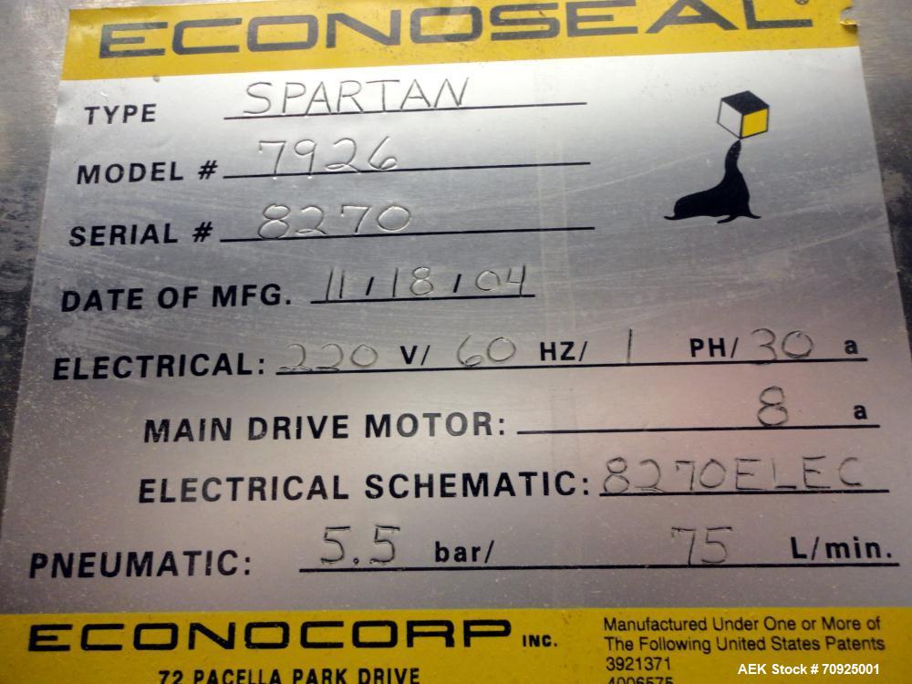 Used Econocorp Spartan Automatic Horizontal Glue Cartoner capable of speeds up to 40 cartons per minute. Has 12" centers for carton size range:  length 4" - 10" , width 1" - 4",  depth 8" (approx)  -...