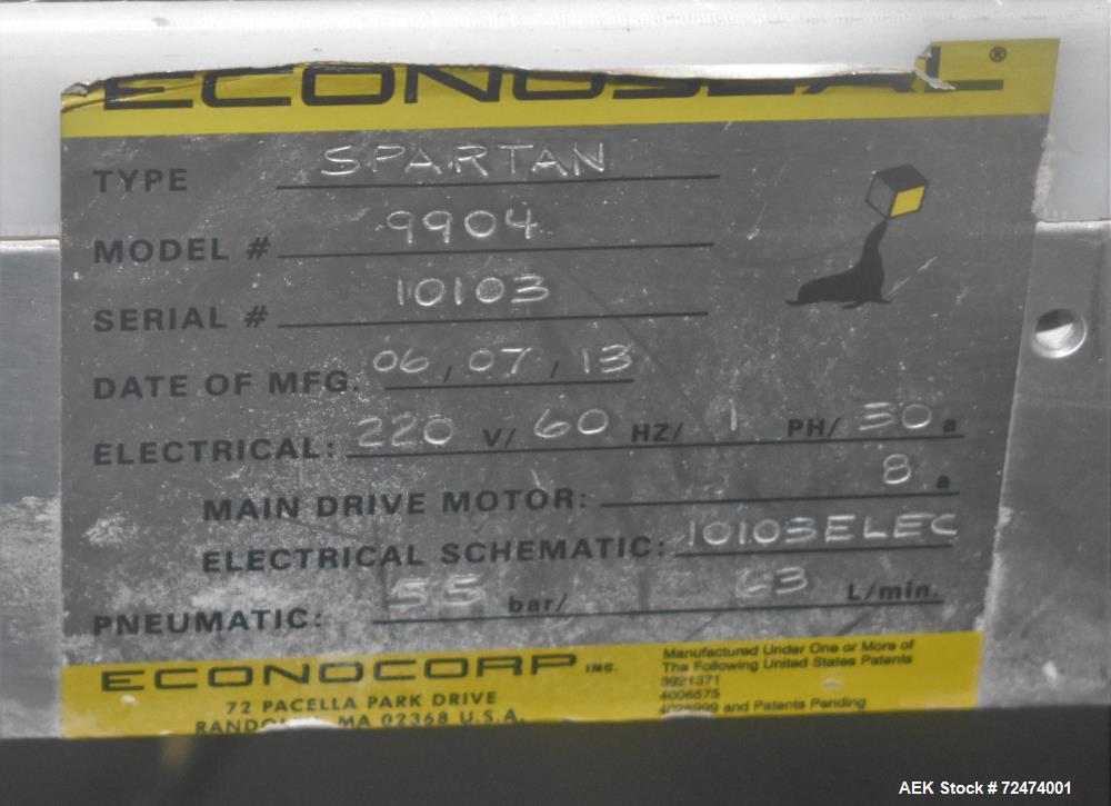 Used- Econocorp Econoseal Spartan Automatic Horizontal Intermittent Hotmelt Glue Cartoner. Capable of speeds up to 40 carton...