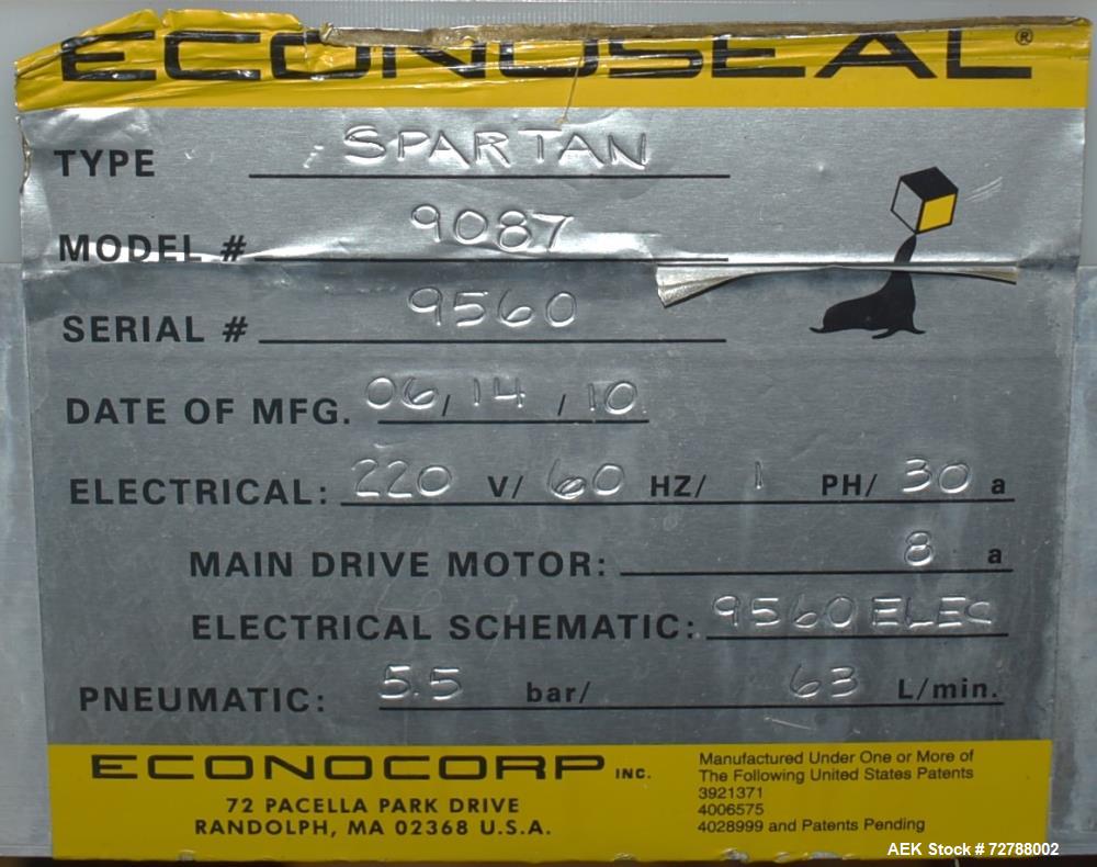 Used- Econocorp Econoseal Spartan Automatic Horizontal Intermittent Hotmelt Glue Cartoner. Capable of speeds up to 40 carton...