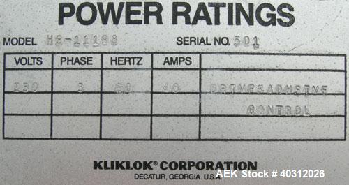 Used Kliklok Captain H Horizontal Automatic Cartoner, model HS-11198, stainless steel construction. Approximately over 150 cartons per minute, size range 2" to 7" long x 1 1/2" to 3" wide x 4" to 10"...