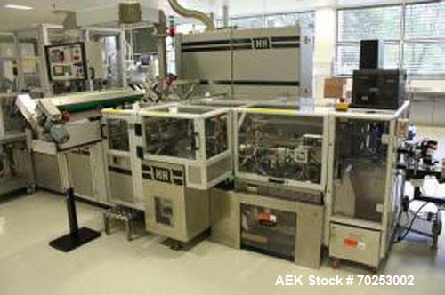 Used Harro Hofliger BK40-6" Cartoning Machine, equipped with a hot glue closing system. Minimum carton size 1.97" x 0.79" x 5.5" (50 x 20 x 140 mm), maximum carton size 4.72" x 3.94" x 7.87" (120 x 1...