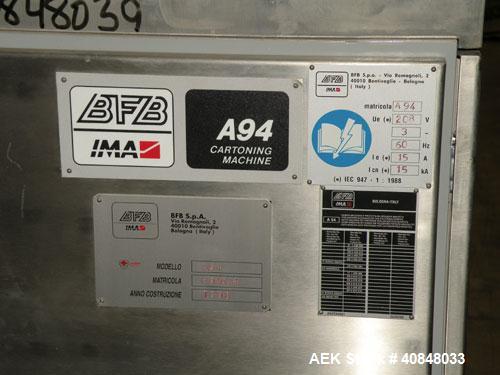 Used IMA/BFB Model A94 Automatic Continuous Motion Horizontal Cartoner. Capable of speeds up to 240 cpm. Has 6” centers for a carton size range: length 30 to 150mm, width 12 to 85mm, depth 55 to 210m...