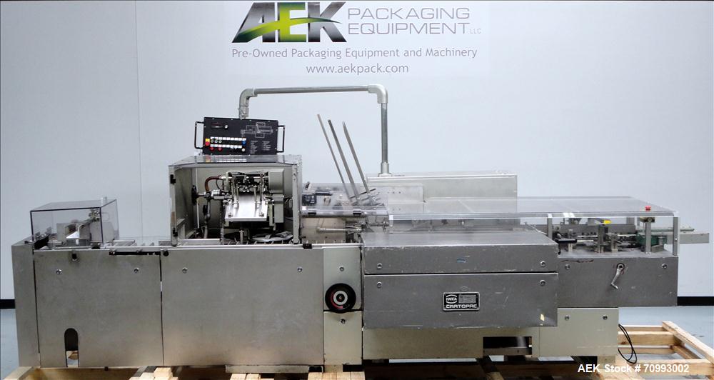 Used IWKA Model CP150 Automatic Horizontal Tube Cartoner. Capable of speeds up to 150 cartons per minute. Carton size: (Length) 20mm-90mm, (Width) 15mm-60mm, (Depth) 55mm-180mm. Set up for Reverse tu...