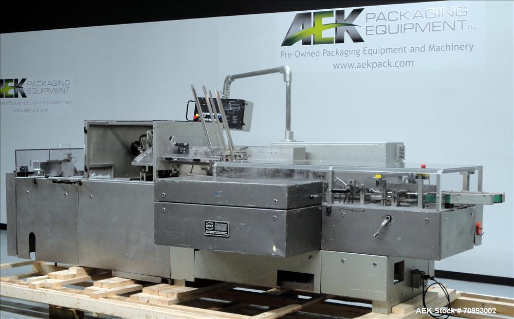 Used IWKA Model CP150 Automatic Horizontal Tube Cartoner. Capable of speeds up to 150 cartons per minute. Carton size: (Length) 20mm-90mm, (Width) 15mm-60mm, (Depth) 55mm-180mm. Set up for Reverse tu...