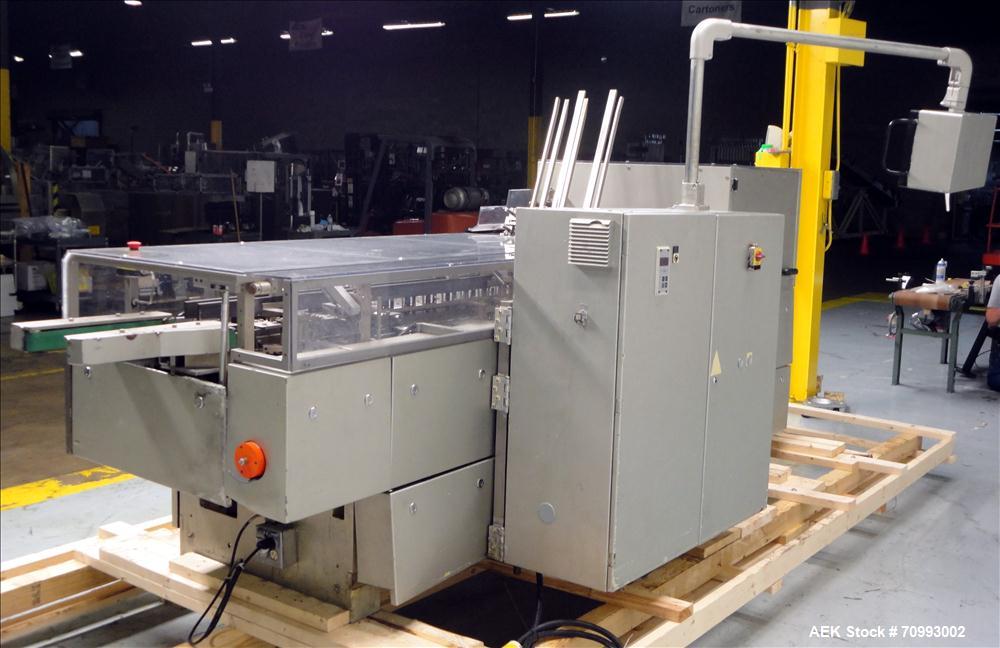 Used IWKA Model CP150 Automatic Horizontal Tube Cartoner. Capable of speeds up to 150 cartons per minute. Carton size: (Length) 20mm-90mm, (Width) 15mm-60mm, (Depth) 55mm-180mm. Set up for Reverse tu...