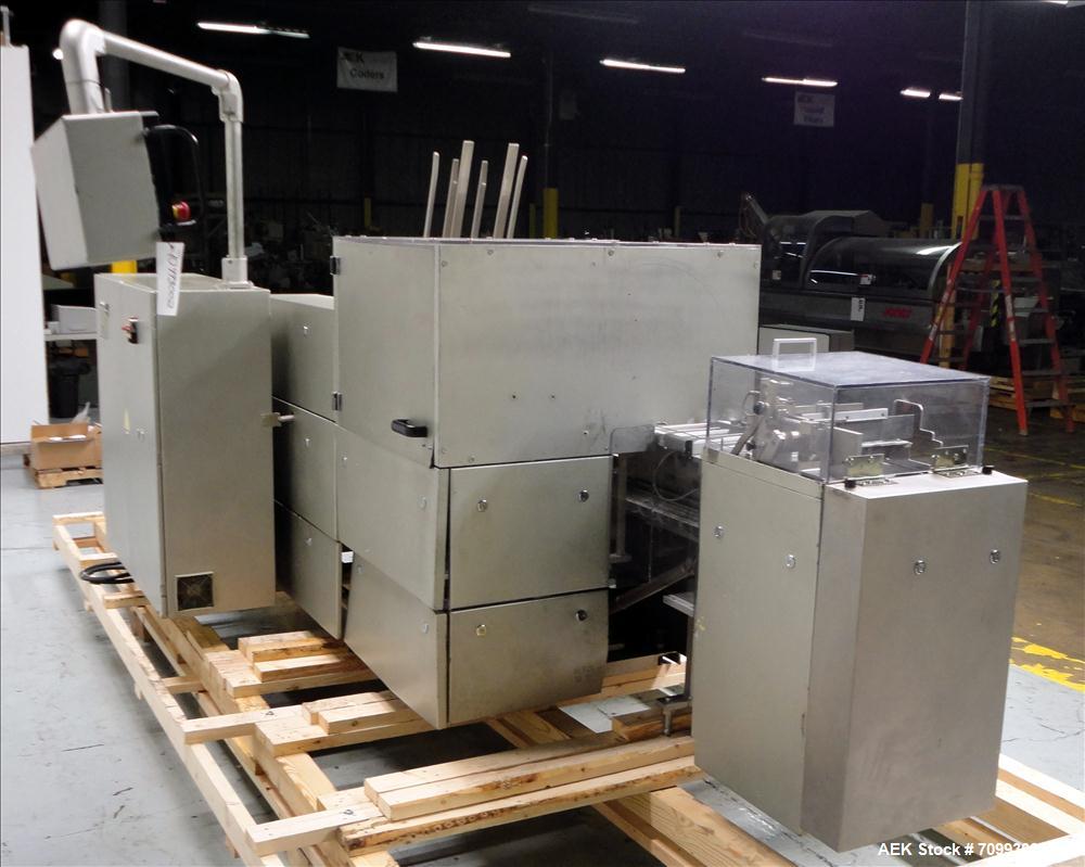 Used IWKA Model CP150 Automatic Horizontal Tube Cartoner. Capable of speeds up to 150 cartons per minute. Carton size: (Length) 20mm-90mm, (Width) 15mm-60mm, (Depth) 55mm-180mm. Set up for Reverse tu...