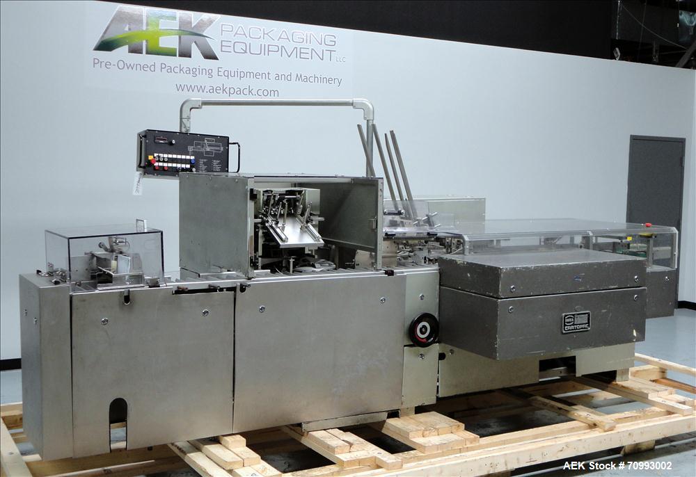 Used IWKA Model CP150 Automatic Horizontal Tube Cartoner. Capable of speeds up to 150 cartons per minute. Carton size: (Length) 20mm-90mm, (Width) 15mm-60mm, (Depth) 55mm-180mm. Set up for Reverse tu...
