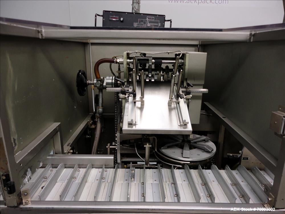 Used IWKA Model CP150 Automatic Horizontal Tube Cartoner. Capable of speeds up to 150 cartons per minute. Carton size: (Length) 20mm-90mm, (Width) 15mm-60mm, (Depth) 55mm-180mm. Set up for Reverse tu...