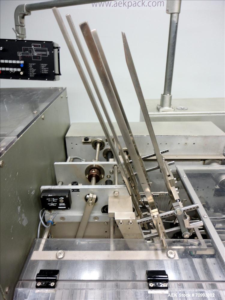 Used IWKA Model CP150 Automatic Horizontal Tube Cartoner. Capable of speeds up to 150 cartons per minute. Carton size: (Length) 20mm-90mm, (Width) 15mm-60mm, (Depth) 55mm-180mm. Set up for Reverse tu...