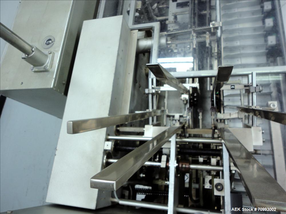 Used IWKA Model CP150 Automatic Horizontal Tube Cartoner. Capable of speeds up to 150 cartons per minute. Carton size: (Length) 20mm-90mm, (Width) 15mm-60mm, (Depth) 55mm-180mm. Set up for Reverse tu...