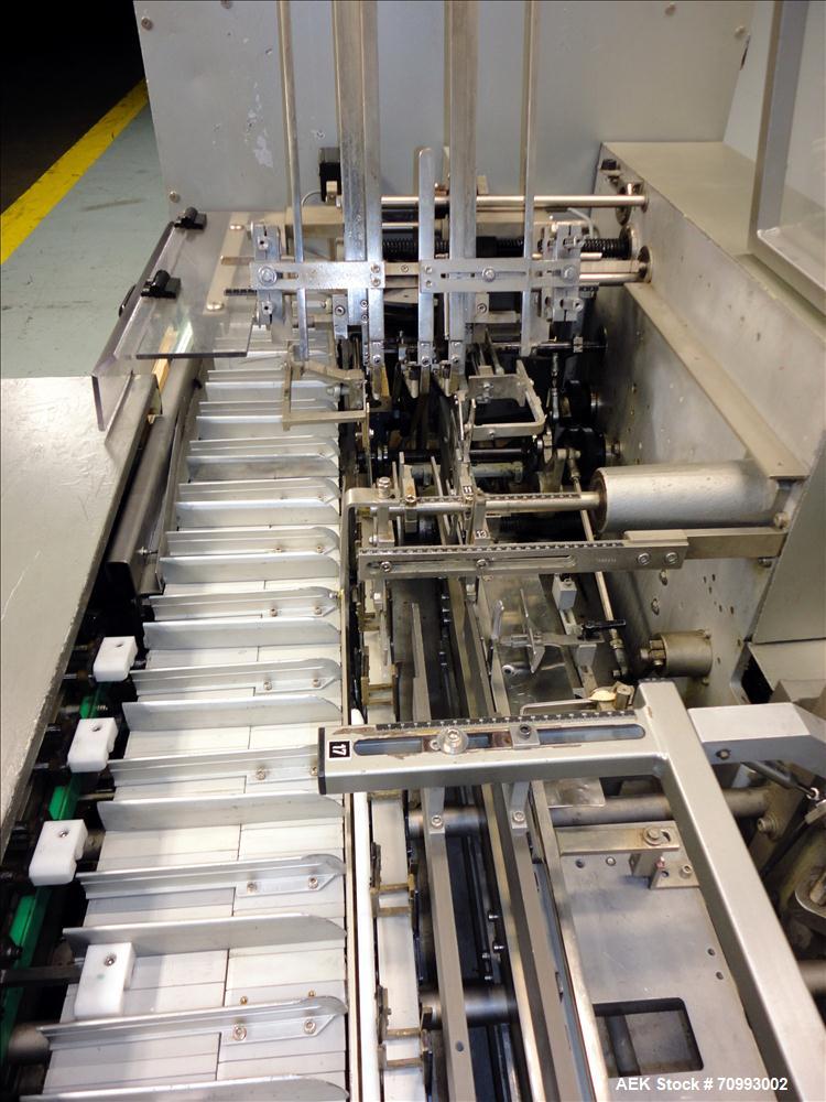 Used IWKA Model CP150 Automatic Horizontal Tube Cartoner. Capable of speeds up to 150 cartons per minute. Carton size: (Length) 20mm-90mm, (Width) 15mm-60mm, (Depth) 55mm-180mm. Set up for Reverse tu...