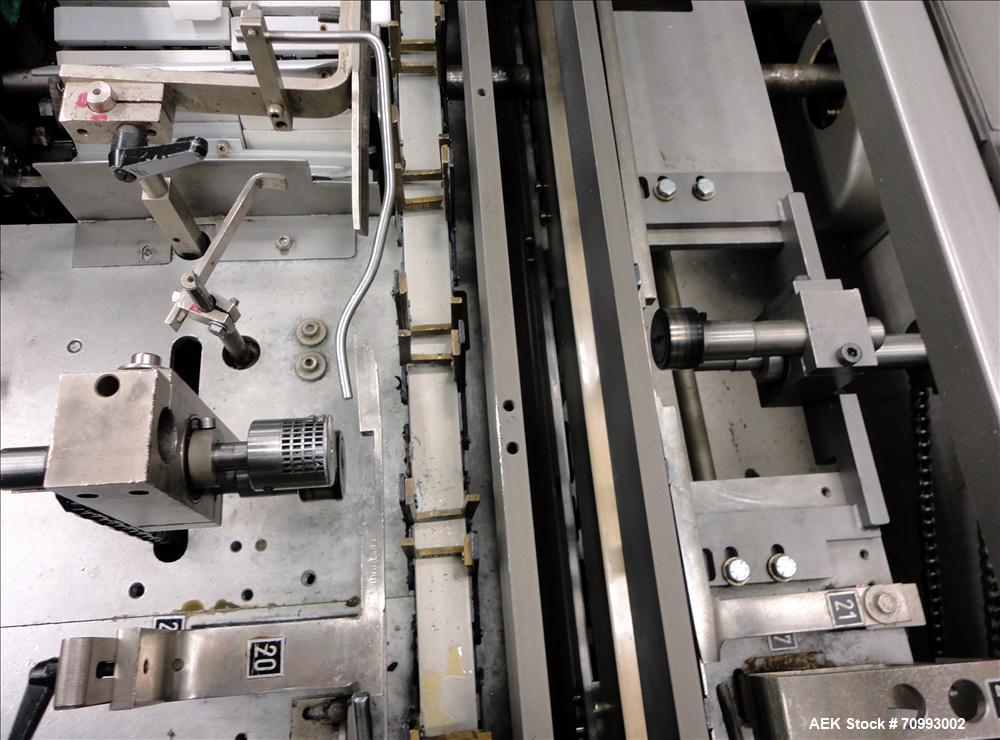 Used IWKA Model CP150 Automatic Horizontal Tube Cartoner. Capable of speeds up to 150 cartons per minute. Carton size: (Length) 20mm-90mm, (Width) 15mm-60mm, (Depth) 55mm-180mm. Set up for Reverse tu...