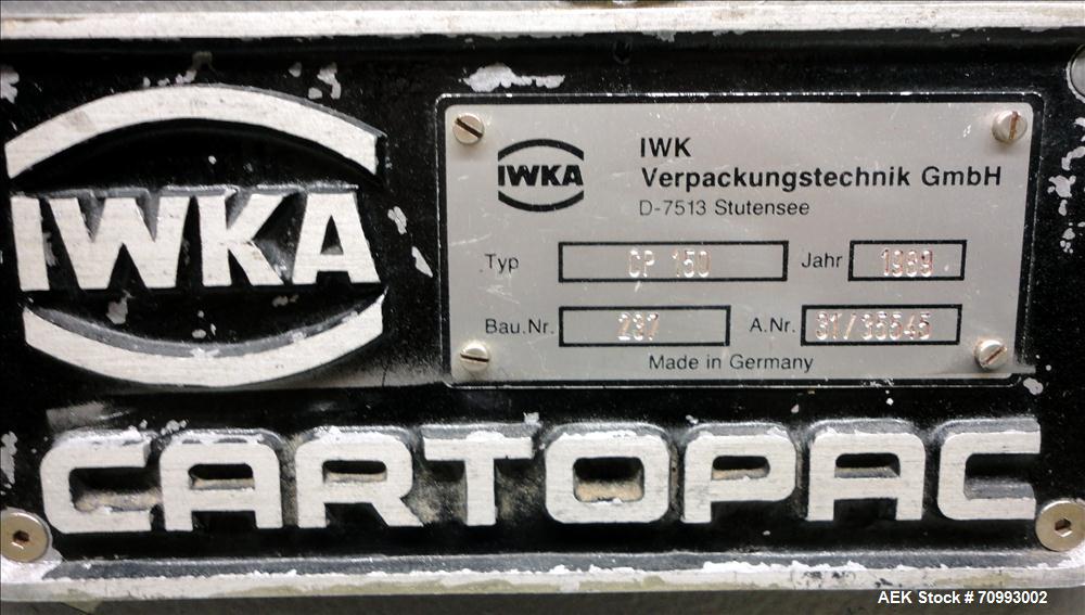 Used IWKA Model CP150 Automatic Horizontal Tube Cartoner. Capable of speeds up to 150 cartons per minute. Carton size: (Length) 20mm-90mm, (Width) 15mm-60mm, (Depth) 55mm-180mm. Set up for Reverse tu...