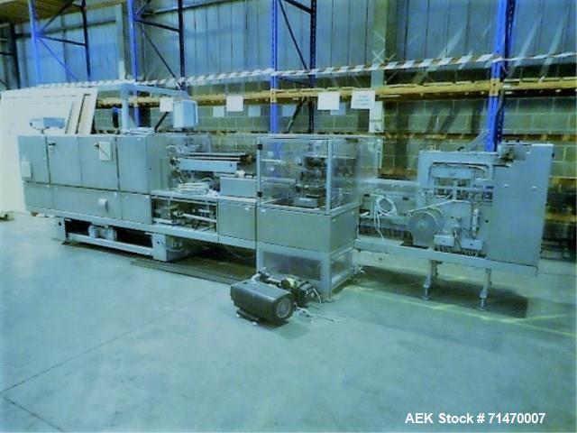 Used I IWKA CPS-R Automatic Horizontal Blisterpack Tuck Cartoner with Blister Transfer . Capable of speeds up to 300 cartons per minute. Cartoner is on n 6" centers for a carton size range: (Length) ...