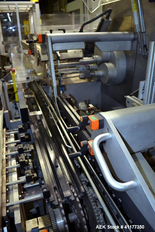 Used IWKA SC4 automatic horizontal cartoner capable of speeds up to 450 cartons per minute. Three Chain unit on 4" centers with adjustable bucket infeed.Carton size range: (Length) 20 to 75 mm, (Widt...