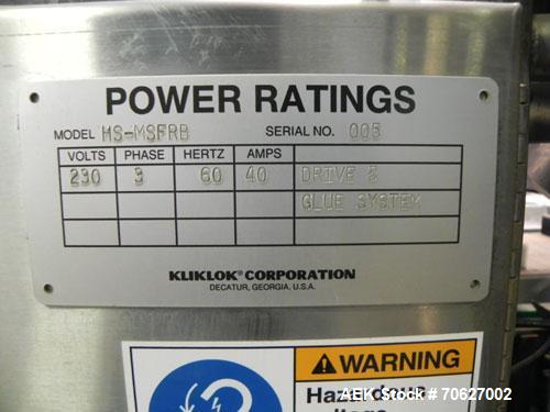 Used Kliklok (Woodman) Model SFR Automatic Horizontal Cartoner capable of speeds from 30 to 120 cartons per minute. 12" centers for a carton size range: Length - 2" to 10.2" or 50 mm to 260 mm, Width...