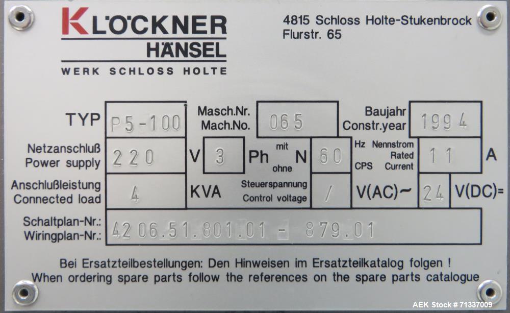 Used Klockner Model P-5/100 Automatic Horizontal Blister Pack Cartoner