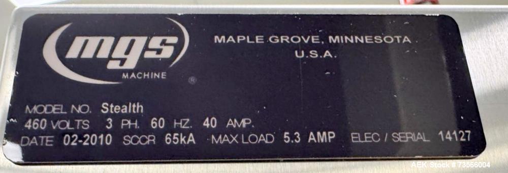 Used MGS Machine Stealth Horizontal Continuous Motion Cartoner, Serial# 14127, Year 2010. With Allen-Bradley PanelView Plus 1000, Nordson glue unit, panel & assorted parts.