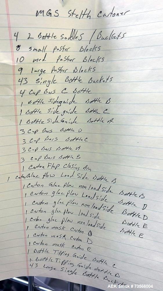 Used MGS Machine Stealth Horizontal Continuous Motion Cartoner, Serial# 14127, Year 2010. With Allen-Bradley PanelView Plus 1000, Nordson glue unit, panel & assorted parts.