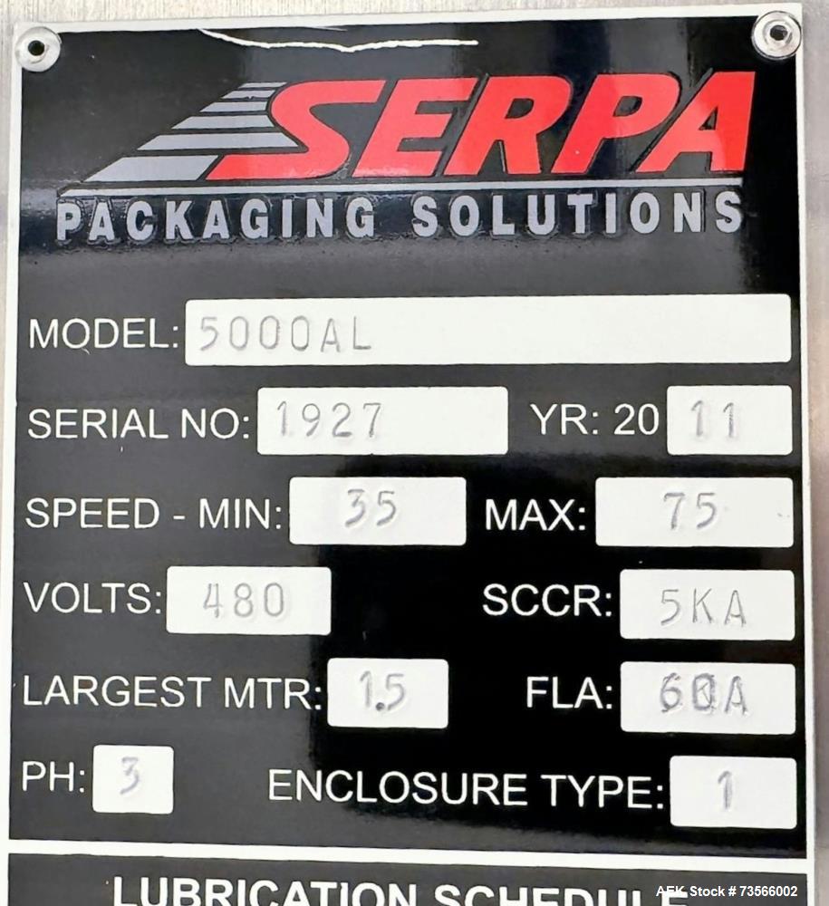 Used Serpa Packaging Solutions Horizontal Cartoner, Model 5000CAL, Serial# 1927, Year 2011. With Nordson glue unit, Multi-feeder model MFT 250IP, panel, Allen-Bradley CompactLogix L32E.