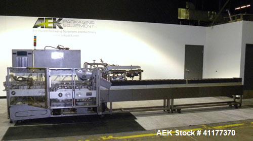 Used Tisma Automatic Horizontal Glue Cartoner, Model 600-SE. Capable of speeds over 200 CPM. Has 5" centers for a carton size range: length 1" to 4-1/4", depth 3" to 7", width 1/2" to 3". Has four he...