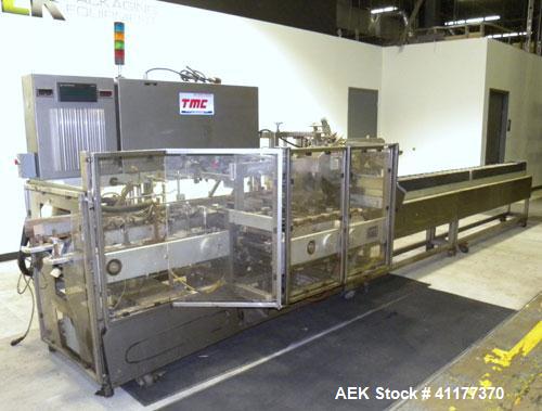 Used Tisma Automatic Horizontal Glue Cartoner, Model 600-SE. Capable of speeds over 200 CPM. Has 5" centers for a carton size range: length 1" to 4-1/4", depth 3" to 7", width 1/2" to 3". Has four he...