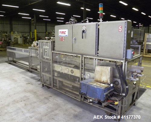 Used Tisma Automatic Horizontal Glue Cartoner, Model 600-SE. Capable of speeds over 200 CPM. Has 5" centers for a carton size range: length 1" to 4-1/4", depth 3" to 7", width 1/2" to 3". Has four he...