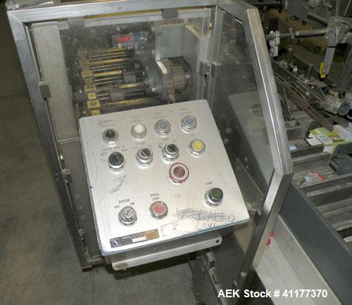 Used Tisma Automatic Horizontal Glue Cartoner, Model 600-SE. Capable of speeds over 200 CPM. Has 5" centers for a carton size range: length 1" to 4-1/4", depth 3" to 7", width 1/2" to 3". Has four he...