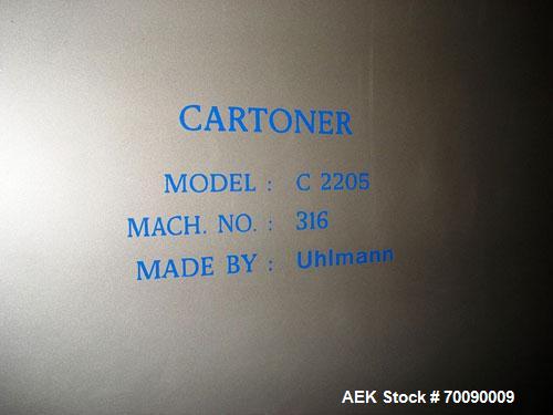 Used Uhlmann Model C2205 automatic blister cartoner. Capable of speeds up to 250 cartons per minute. Has a 5" pitch for a Maximum carton size range: (Length) 150mm (Width) 100mm (Height) 90mm. Max nu...