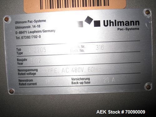 Used Uhlmann Model C2205 automatic blister cartoner. Capable of speeds up to 250 cartons per minute. Has a 5" pitch for a Maximum carton size range: (Length) 150mm (Width) 100mm (Height) 90mm. Max nu...