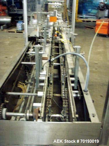 Used- Adco Semi Automatic Horizontal Cartoner, Model 15D105-SS. Set on 12" centers. Has approximately 8 1/2' long load area....