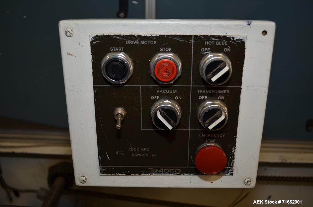 Used Adco Model 15D-60EC Semi Automatic Horizontal Glue Cartoner.