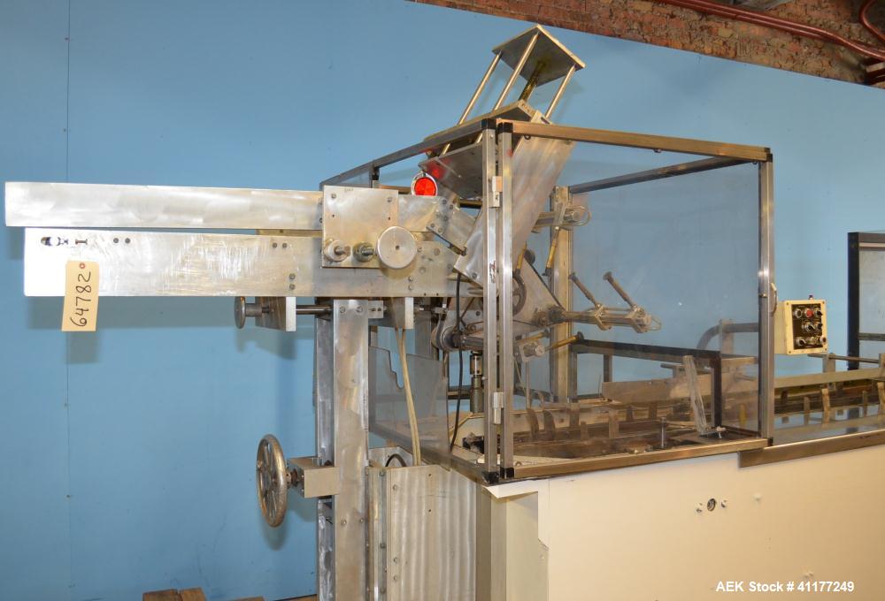Used Adco Horizontal Glue Cartoner, Model 15E60EC. Has (3) head rotary carton feed. 6' long manual load area. Nordson hot melt glue system. Capable of speeds from 20 to 120 cartons per minute. Has 14...