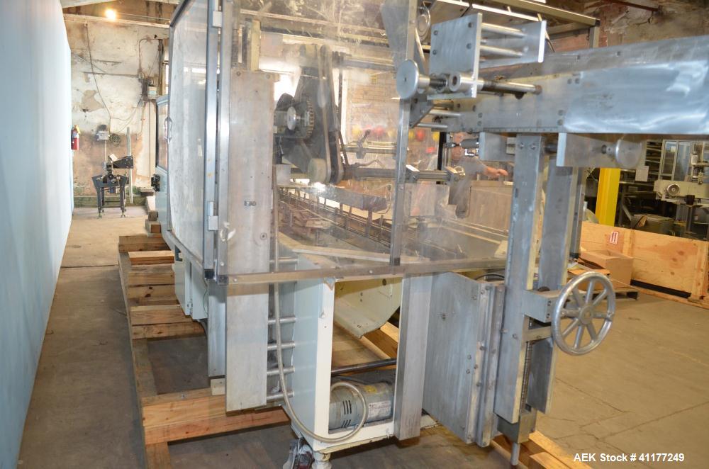 Used Adco Horizontal Glue Cartoner, Model 15E60EC. Has (3) head rotary carton feed. 6' long manual load area. Nordson hot melt glue system. Capable of speeds from 20 to 120 cartons per minute. Has 14...