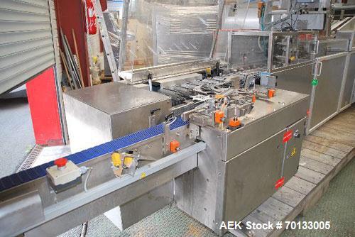 Used Bosch CUK-3040 Automatic Cartoner with continuous motion for bottles, tubes, cans, etc.Comprised of:3.3" x 67" (82 x 1700 mm) infeed PVC conveyor, tilting station, adjustable buckets, vertical m...