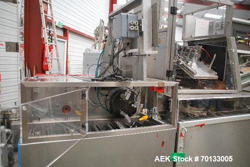 Used Bosch CUK-3040 Automatic Cartoner with continuous motion for bottles, tubes, cans, etc.Comprised of:3.3" x 67" (82 x 1700 mm) infeed PVC conveyor, tilting station, adjustable buckets, vertical m...