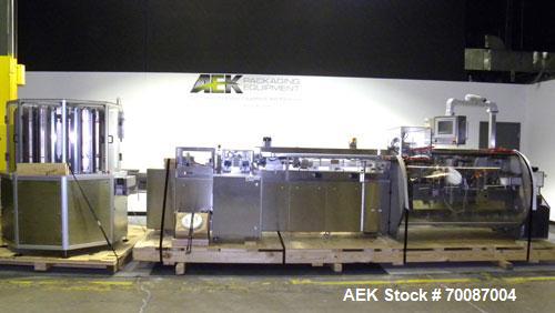 Used Bosch CUT120 Automatic Intermittent Motion Horizontal Tuck Cartoner. Capable of speeds up to 120 cartons per minute. Has adjustable bucket infeed on 5" centers for a carton size range: length 20...