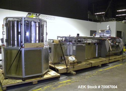 Used Bosch CUT120 Automatic Intermittent Motion Horizontal Tuck Cartoner. Capable of speeds up to 120 cartons per minute. Has adjustable bucket infeed on 5" centers for a carton size range: length 20...