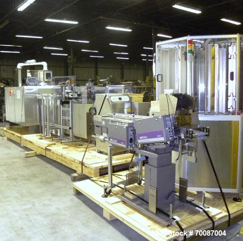 Used Bosch CUT120 Automatic Intermittent Motion Horizontal Tuck Cartoner. Capable of speeds up to 120 cartons per minute. Has adjustable bucket infeed on 5" centers for a carton size range: length 20...