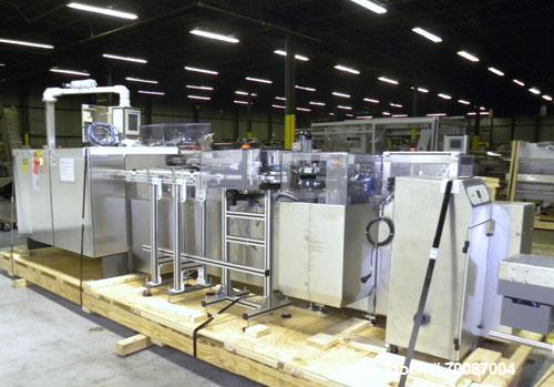 Used Bosch CUT120 Automatic Intermittent Motion Horizontal Tuck Cartoner. Capable of speeds up to 120 cartons per minute. Has adjustable bucket infeed on 5" centers for a carton size range: length 20...