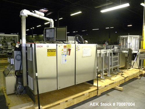 Used Bosch CUT120 Automatic Intermittent Motion Horizontal Tuck Cartoner. Capable of speeds up to 120 cartons per minute. Has adjustable bucket infeed on 5" centers for a carton size range: length 20...