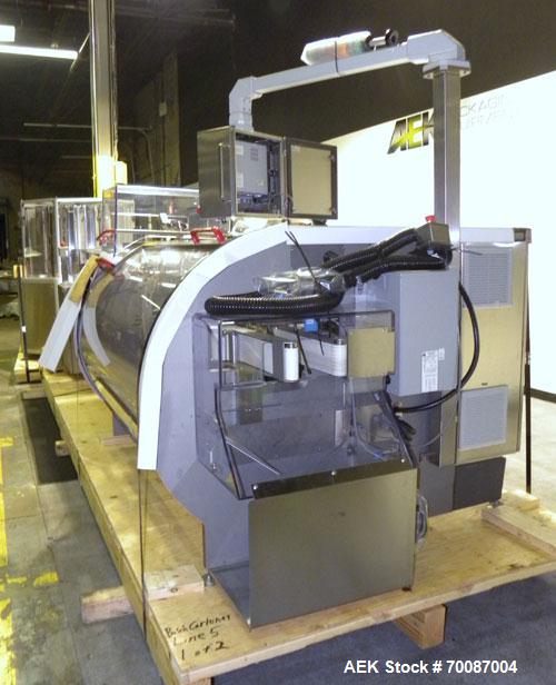 Used Bosch CUT120 Automatic Intermittent Motion Horizontal Tuck Cartoner. Capable of speeds up to 120 cartons per minute. Has adjustable bucket infeed on 5" centers for a carton size range: length 20...