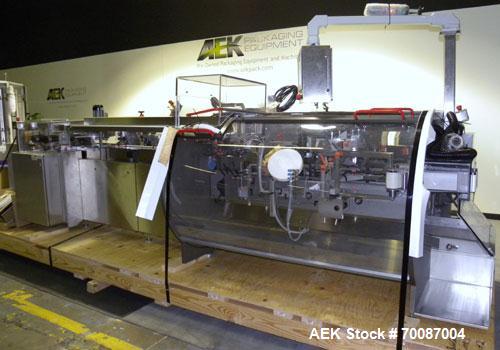 Used Bosch CUT120 Automatic Intermittent Motion Horizontal Tuck Cartoner. Capable of speeds up to 120 cartons per minute. Has adjustable bucket infeed on 5" centers for a carton size range: length 20...