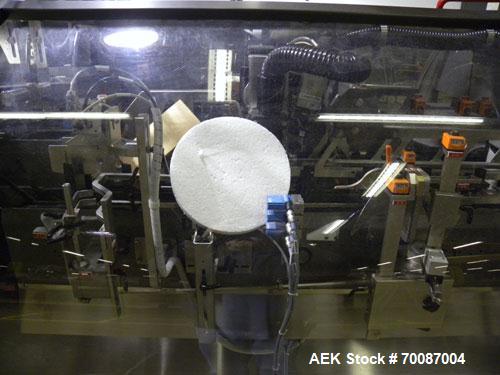 Used Bosch CUT120 Automatic Intermittent Motion Horizontal Tuck Cartoner. Capable of speeds up to 120 cartons per minute. Has adjustable bucket infeed on 5" centers for a carton size range: length 20...