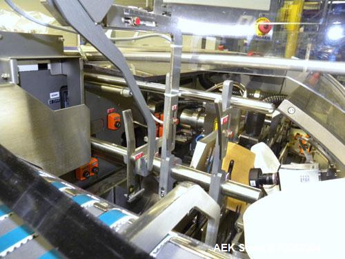 Used Bosch CUT120 Automatic Intermittent Motion Horizontal Tuck Cartoner. Capable of speeds up to 120 cartons per minute. Has adjustable bucket infeed on 5" centers for a carton size range: length 20...