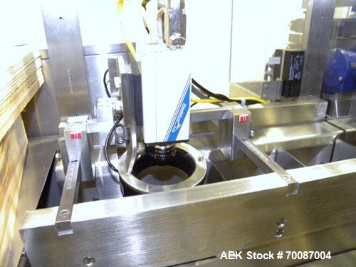 Used Bosch CUT120 Automatic Intermittent Motion Horizontal Tuck Cartoner. Capable of speeds up to 120 cartons per minute. Has adjustable bucket infeed on 5" centers for a carton size range: length 20...